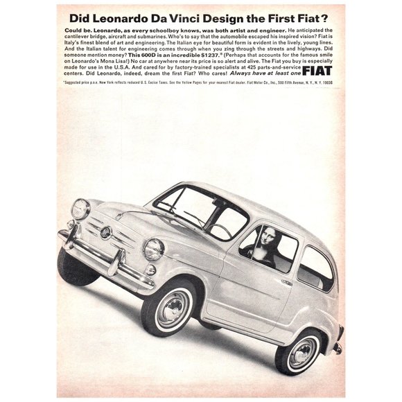 1965 Fiat 600D Leonardo Da Vinci Mona Lisa Passenger Vintage Print Ad Classic - Picture 1 of 1